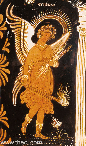 Tan and brown historical drawing of Astraea goddess with wings and a halo from Greek mythology